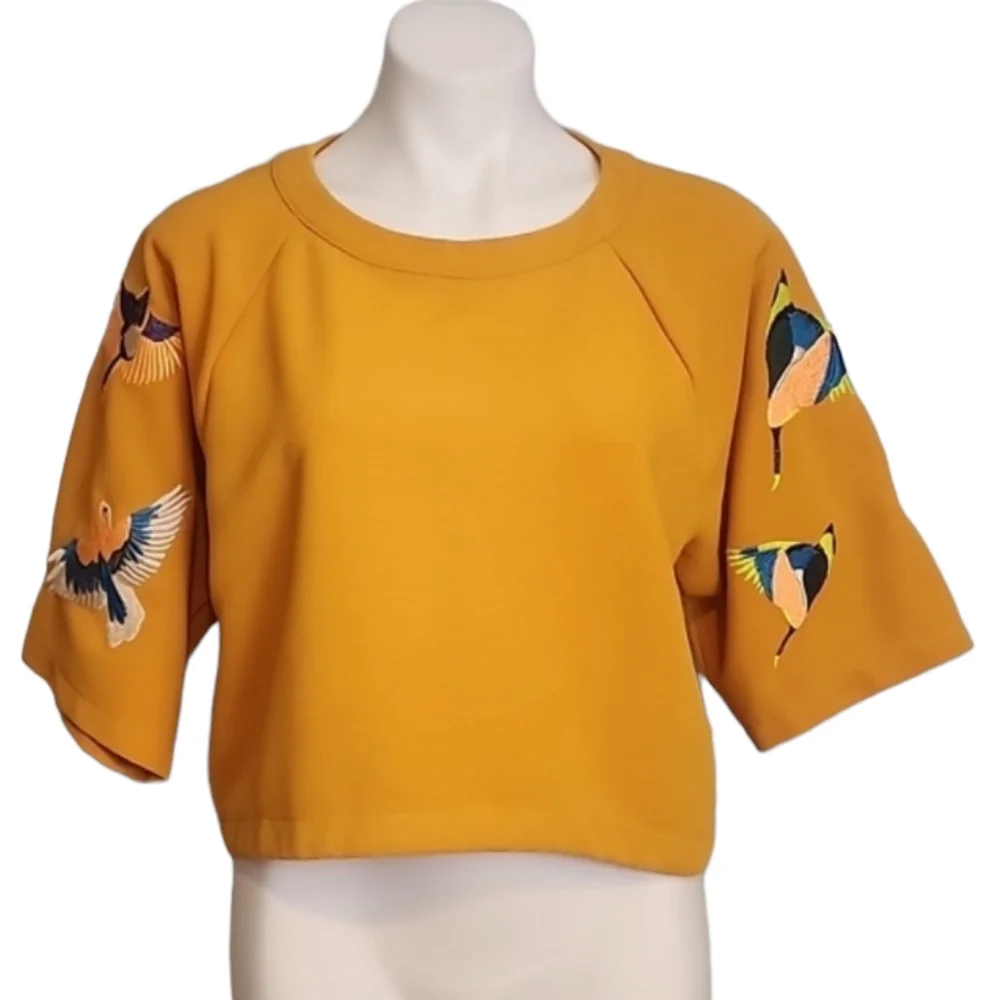 Mustard Seed Yellow Embroidered Bird Crop Top - Picture 1 of 12